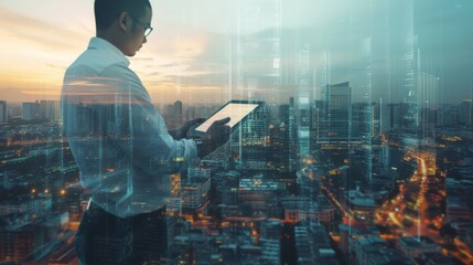 Businessman using a digital tablet with a cityscape in the background, showing a blend of technology and business