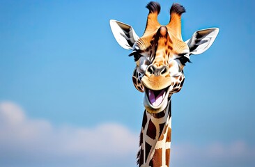 A close-up portrait of a giraffe with an expressive, smiling face set against a bright blue background. © Svetlana Lavereva