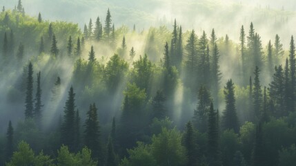 Dense spruce forest shrouded in morning mist with the sun's rays piercing through the trees