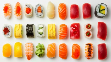 Colorful sushi pieces neatly on a plain white background