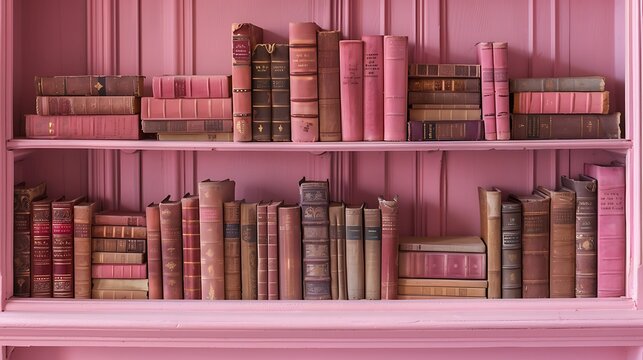 A collection of english langauge books on a pink book shelf.