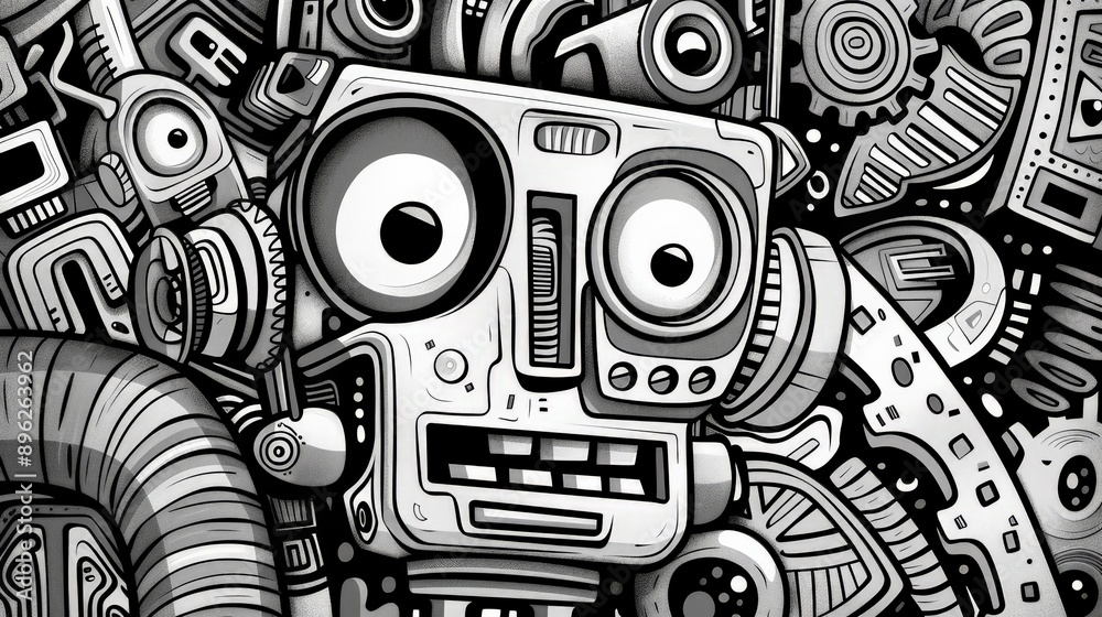 Poster close-up of a black and white doodle robot face with mechanical elements. concept of detailed roboti