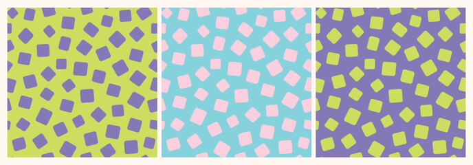 Fun playful bundle of blue, pink and lime green rectangles seamless repeat pattern. Random placed, vector geometric shaped aop, all over surface print set.