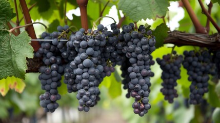 Fototapeta premium Fresh bunches of grapes hanging from the vine, ready for harvest