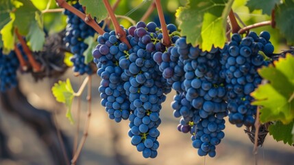 Fototapeta premium Fresh bunches of grapes hanging from the vine, ready for harvest