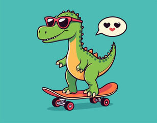 Vector Happy and Smiling Dinosaur. Cartoon Green Dinosaur Tyrannosaurus Rex, Tyrex with Outline on Skateboard, Design Template, Skater Dinosaur. Funny Print, T-shirt Design for Kids stock illustration