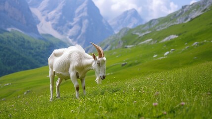 White goat grazing in a lush green meadow, with mountains in the background