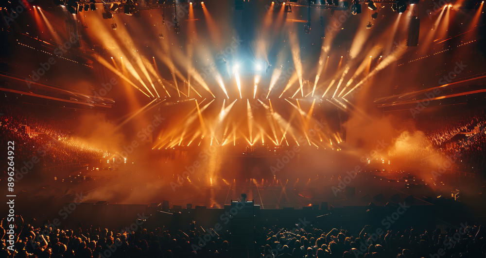 Poster drone shot of a rock concert in a stadium with a lot of stage lights. generative ai.