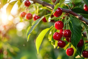 Close up cherries on tree sunny day