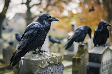 Fototapeta premium Close up group of ravens on cemetry
