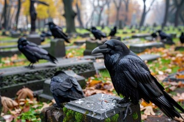 Close up group of ravens on cemetry