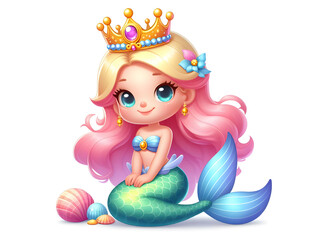 cute Mermaid with crown vector-style 3d cartoon illustration isolated on white background © Abuhena