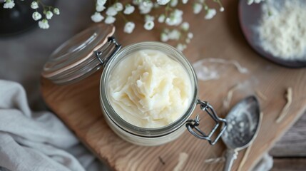 Jar of homemade body butter with natural ingredients, placed on a wooden surface