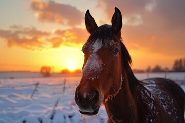 Close up horse in the snow in winter at sunset