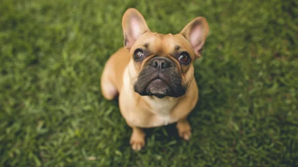 Cute French bulldog sitting on a grassy lawn, looking up with a curious expression