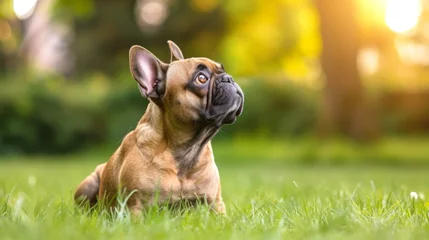 Cute French bulldog sitting on a grassy lawn, looking up with a curious expression