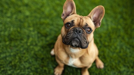 Obraz premium Cute French bulldog sitting on a grassy lawn, looking up with a curious expression
