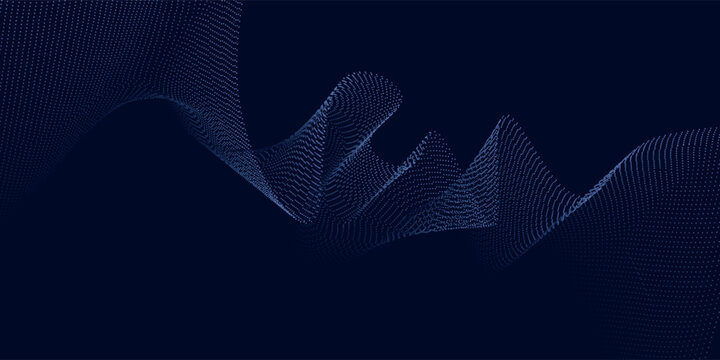 Dark blue abstract background, vector waves of flowing particles, curved lines of moving dots, technology and science theme, airy and easy futuristic.vector