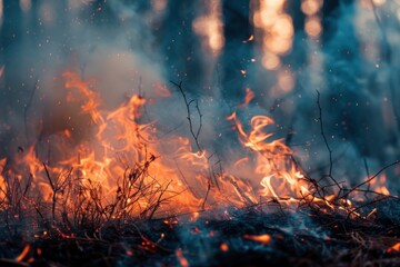 Close up wildfire in forest with big fire flames and smoke