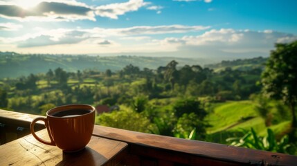 Stunning view from a balcony overlooking a beautiful landscape, with a cup of coffee on the railing