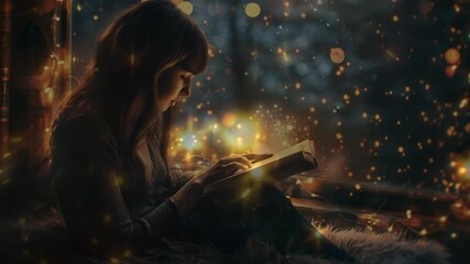 A little girl immersed in a book surrounded by sparkling lights, depicting the magic of reading and the captivating worlds that stories can transport us to in a warm, cozy setting.