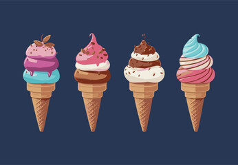 ice cream set with different toppings vector