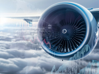 Digital graphics of financial data superimposed on a detailed  close-up of an airplane engine