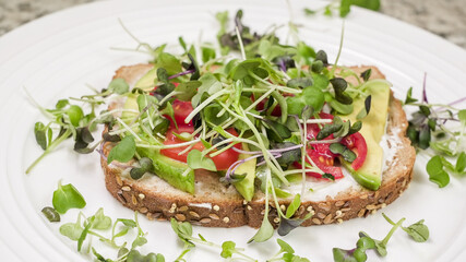 Avocado, tomato, and microgreen open-faced sandwich on whole wheat bread