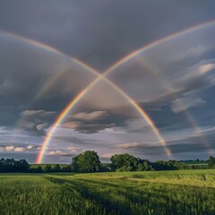 Fototapeta premium Spectacular Quadruple Rainbow Over Lush Green Fields: A Rare Meteorological Phenomenon Illuminates the Sky