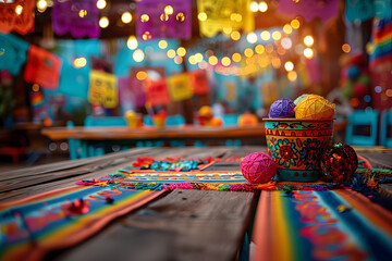 Empty table with Mexican fiesta decorations with out of focus background