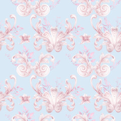 Pink and blue ornate backdrop, watercolor seamless pattern, gender party background