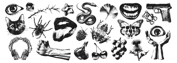 Dangerous retro elements with photocopy stipple effect for collage art. Vector illustration of cat, snake, flower, cherry, pistole, hands, eyes in halftone dotwork design for banner or poster, punk gr