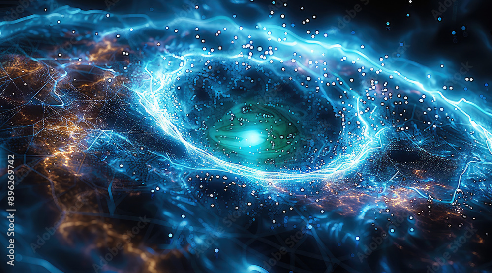 Aufkleber A cosmic amorphous object made of cosmic stardust with a neon green center in the middle, the background is made of blue holographic Internet networks and starry galactic dust. Generative AI.