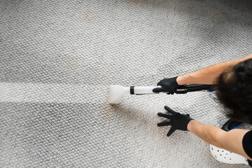 Line after extractor washing of carpet. Cleaner is using extractor to clean the carpet at home....