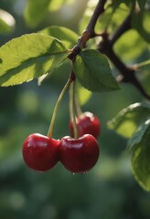 Sun-kissed cherries dangle from a branch in a lush orchard