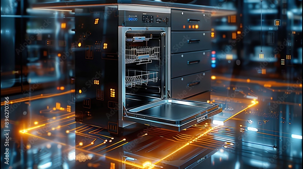 Poster high-tech style, a booth in the middle, with a gray dishwasher surrounded by glowing glass, and a ci