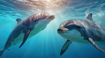 Naklejka premium dolphins in the water column swim underwater in the ocean, dolphins jump out of the water,
