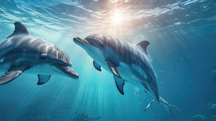 Fototapeta premium dolphins in the water column swim underwater in the ocean, dolphins jump out of the water,