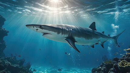 Fototapeta premium sharks in the water column swim underwater in the tropical ocean.