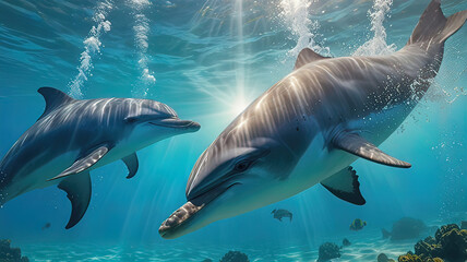 Naklejka premium dolphins in the water column swim underwater in the ocean, dolphins jump out of the water,