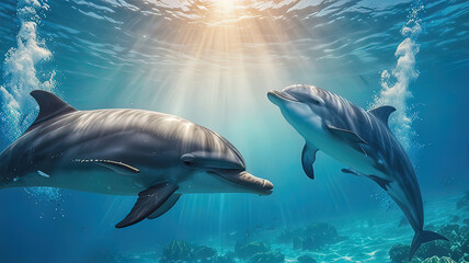 Obraz premium dolphins in the water column swim underwater in the ocean, dolphins jump out of the water,