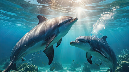 Naklejka premium dolphins in the water column swim underwater in the ocean, dolphins jump out of the water,