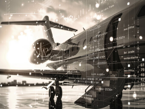 Digital graphics of financial data overlaid on a black and white private jet with open door, stairs on tarmac - Powered by Adobe
