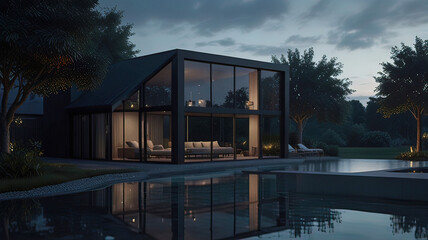 Fototapeta premium small industrial design house with a swimming pool, design and project of a modern house