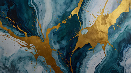 Naklejka premium Ink abstract gold paint background art watercolor stone water luxury liquid texture marble. Abstract ink pattern modern gold ocean glitter black design splash blue light brush creative smoke sea sky