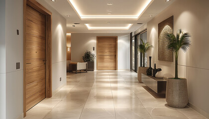 The entrance hall is designed in a modern minimalist style for the interior of a high-end apartment with a combination of light grey tiled floors and white walls. The natural light. Generative AI.