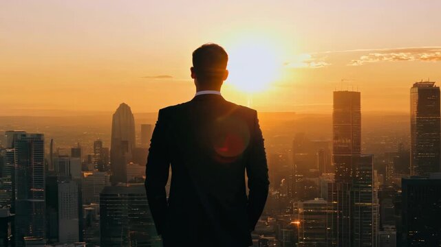 A man in a suit stands on a city rooftop looking out at the sun. The scene is serene and peaceful, with the man's suit and tie adding a sense of formality and professionalism to the image