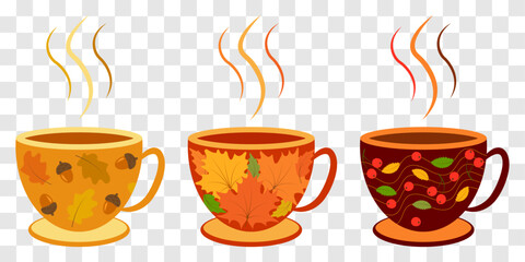 Set of colored cups with a pattern of autumn leaves, berries and acorns, vector. Autumn cup design.