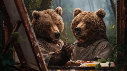 A bear in a painters smock creates art in a supernatural scene with copy space
