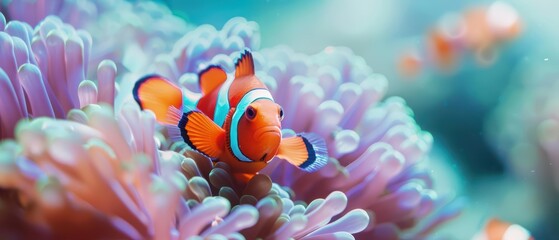 A clownfish swims among radiant, futuristic anemones in an ultramodern, supernatural scene banner with copy space